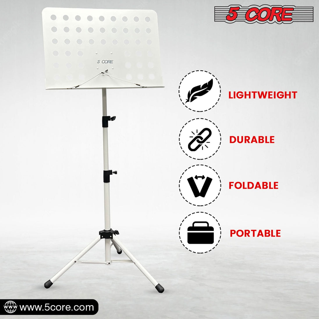 5Core Adjustable Portable Music Stand for Sheet Music Folding Tripod Note Holder White