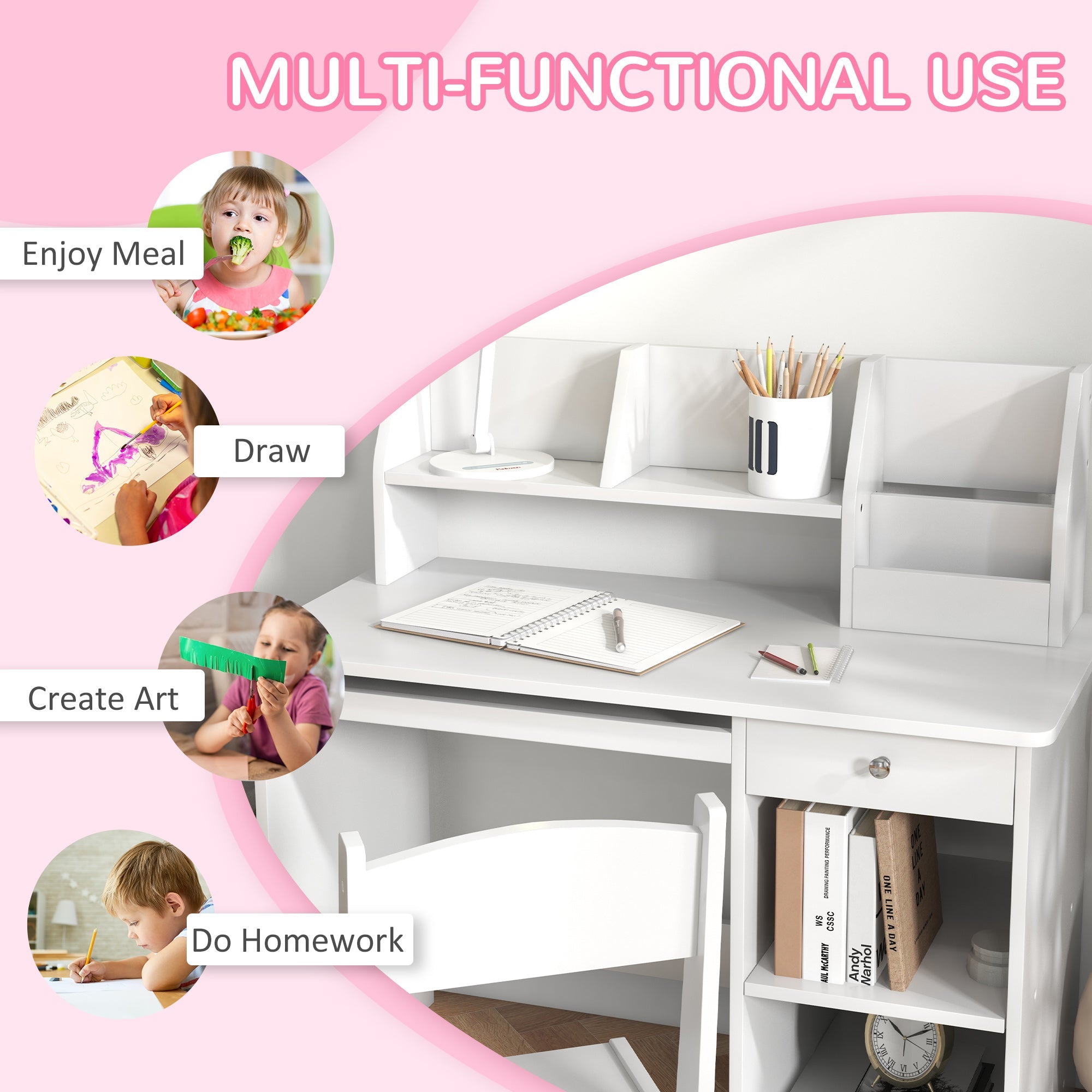 Qaba Kids Desk and Chair Set for 5-8 Year Old with Storage Study Table and Chair for Children White 