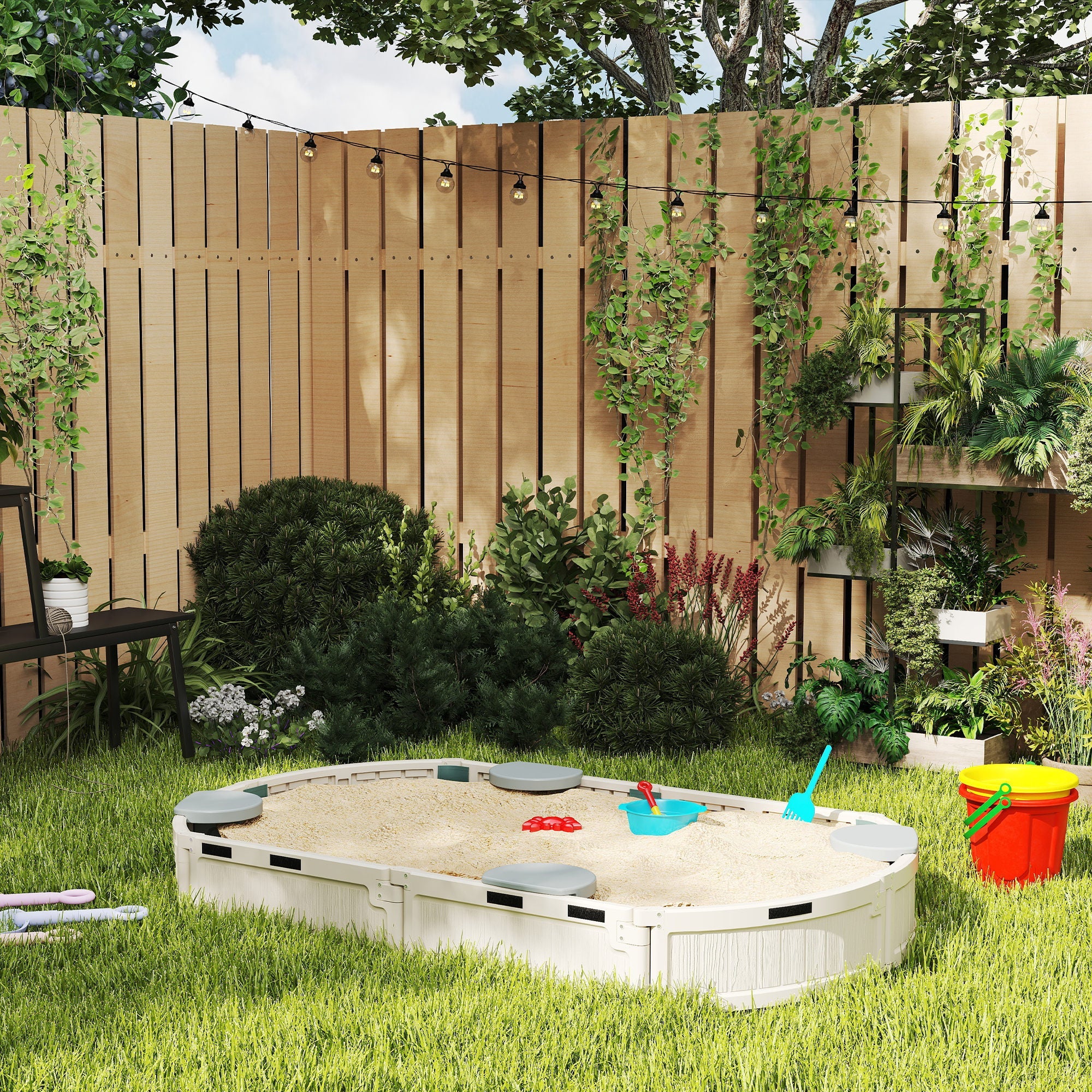 Outsunny Kids Sandbox with Cover, Seat, Sandbox Outdoor for Backyard, Cream White 