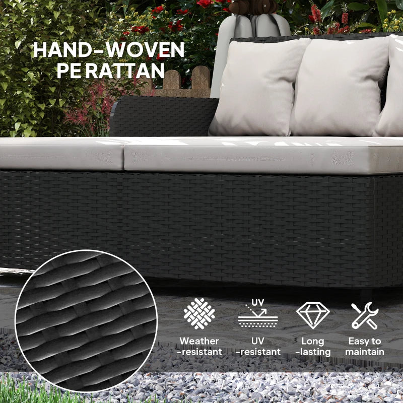 Rattan Outdoor Daybed, Sunbed Loveseat with Soft Cushions, 4 Pillows, Curved Backrest & Armrest, Light Grey