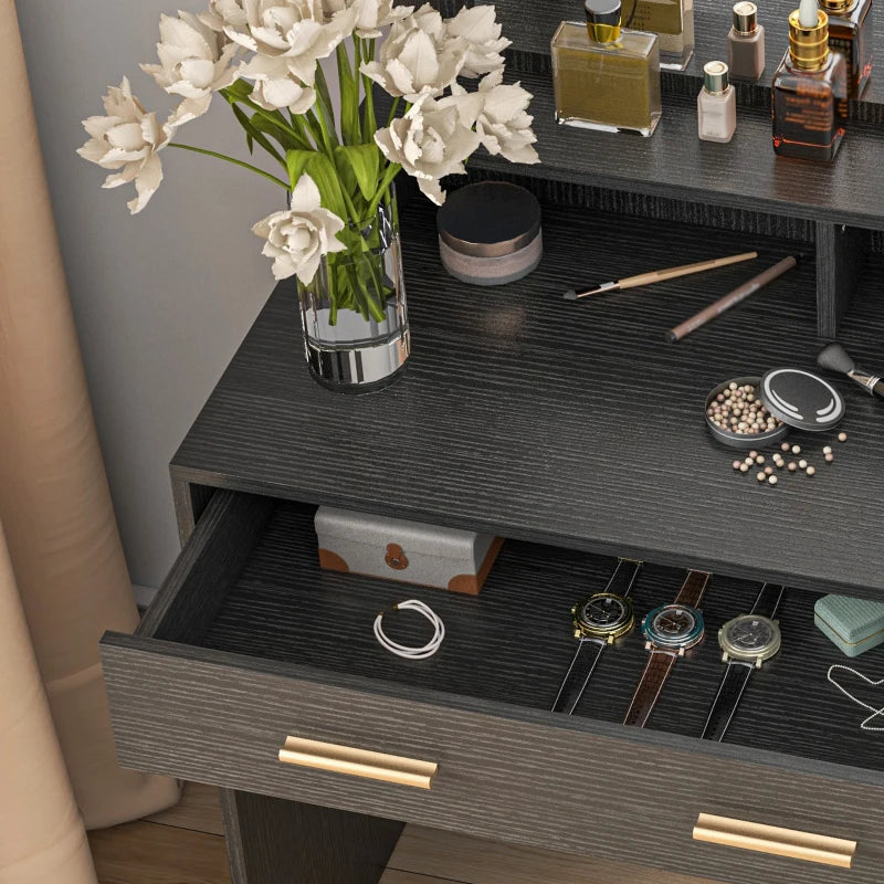 Illuminated Dressing Table Set, LED Vanity Table Set with Stool, LED Mirror, Drawer and Cabinet Shelves for Bedroom