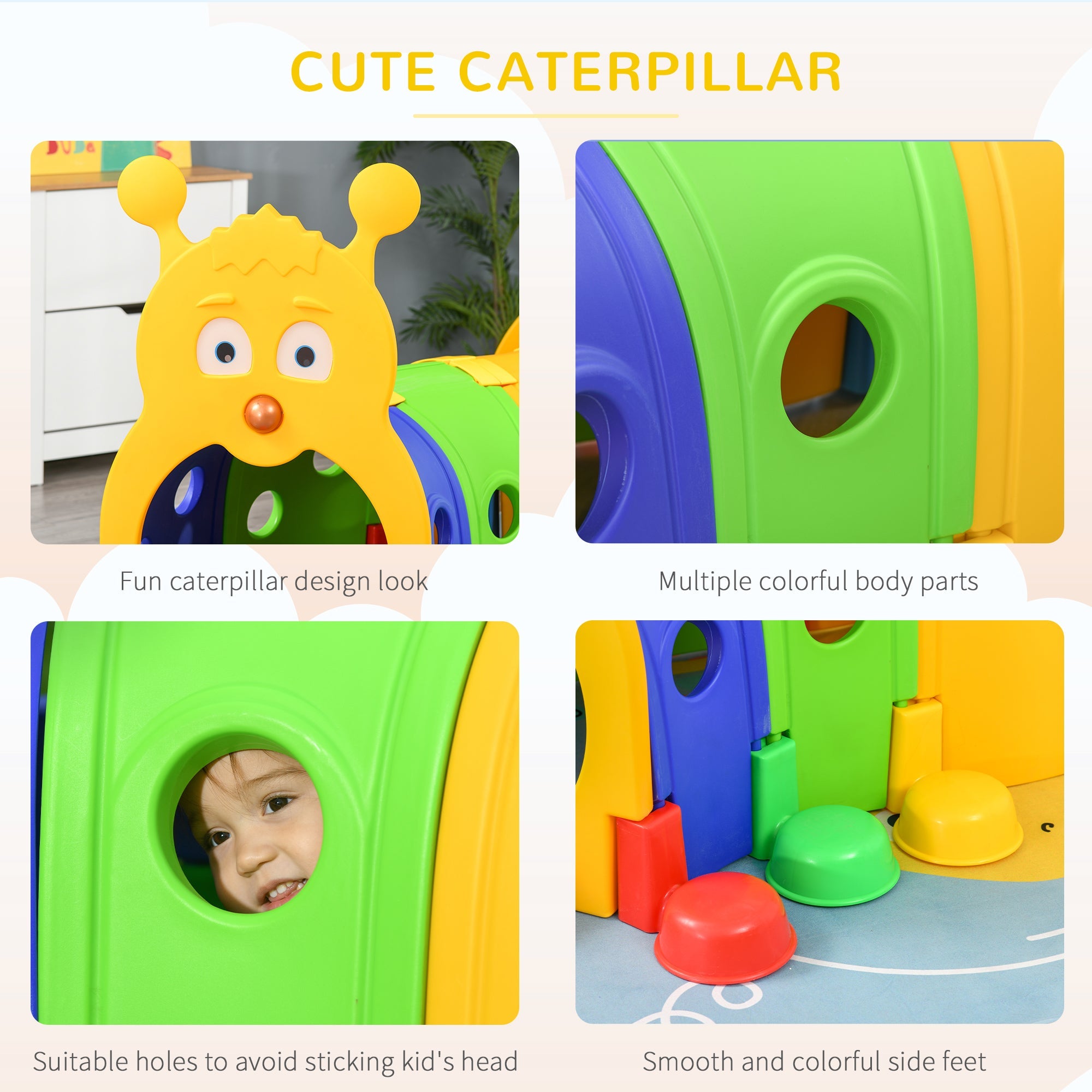 Qaba Kids Caterpillar Tunnel Climb-N-Crawl Toy Indoor Outdoor Play Multicolor for Ages 3-6 