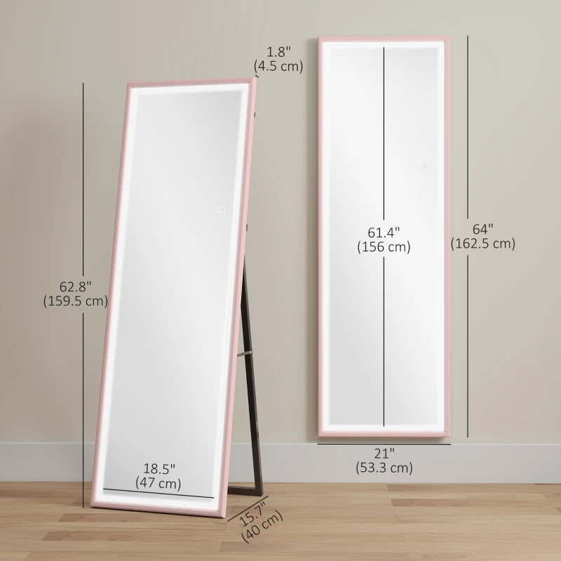 LED Mirror with Dimmable and 3 Colour Lights, 64" x 21" Rectangular Full Body Mirror for Bedroom Living Room, Pink