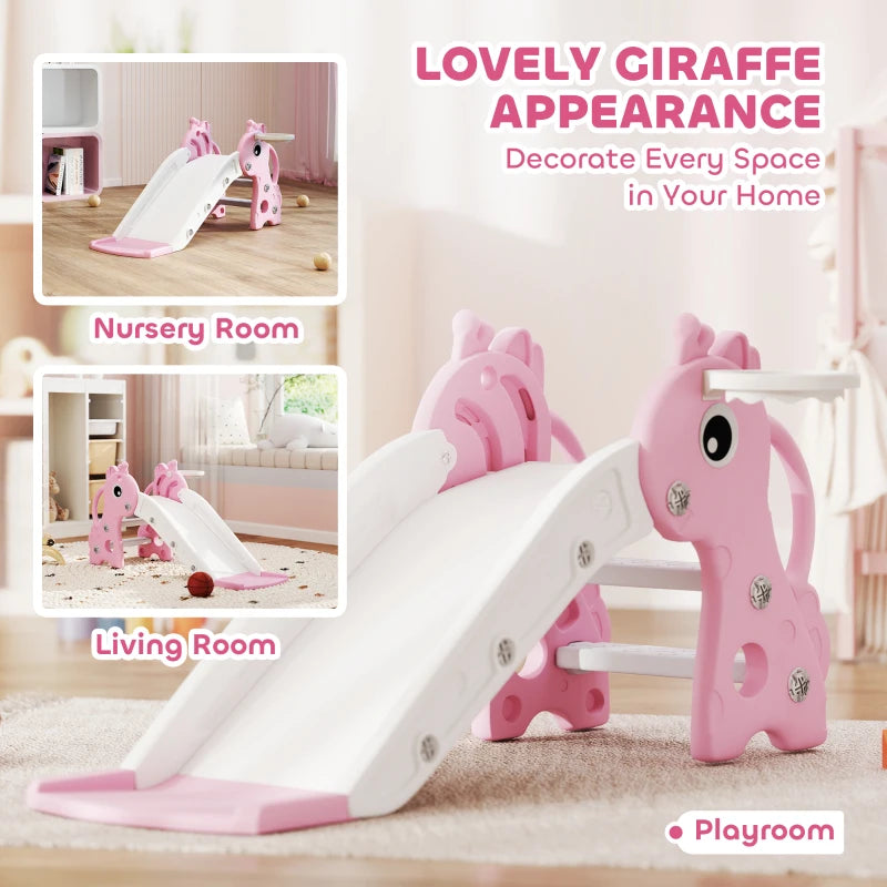 Qaba 3 in 1 Toddler Slide for Age 1-3, Kids Slide with Climber, Basketball Hoop and Ball, Giraffe Design, Pink