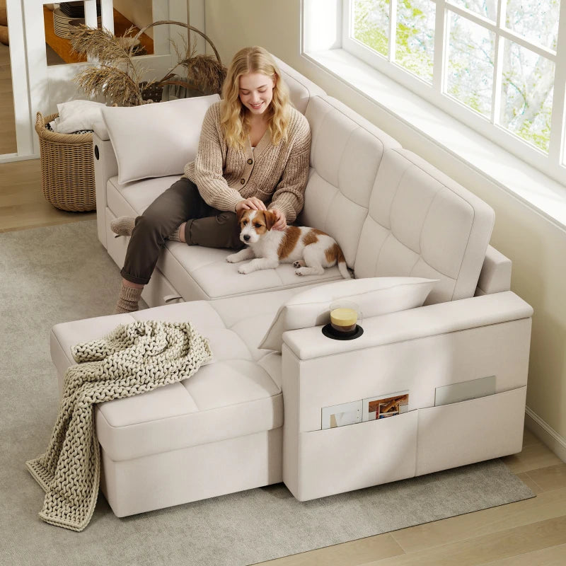 Convertible Sectional Sofa Bed, Pull Out Sleeper Sofa Couch with USB‑A+C, Chaise Storage, L-Shaped Futon Couch, Beige