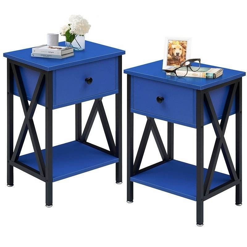 Set of 2 - 1 Drawer Nightstand in Dark Blue and Black - Free Shipping