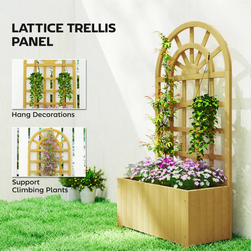 Wooden Raised Garden Bed with Lattice Trellis, Outdoor Elevated Planter Box with Drainage Holes for Climbing Plants