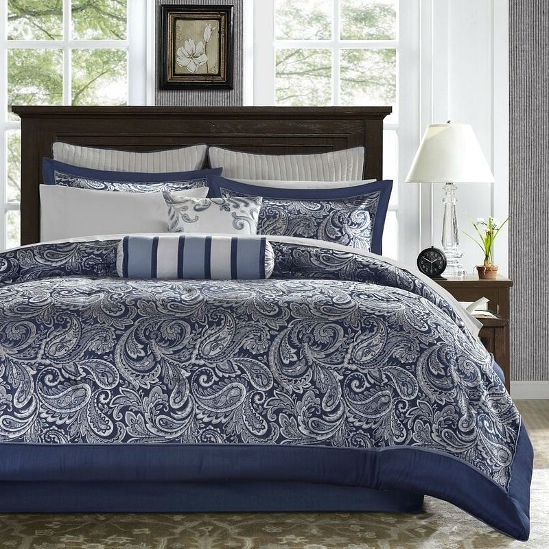 California King 12-piece Reversible Microfiber Comforter Set Navy Blue White - Free Shipping