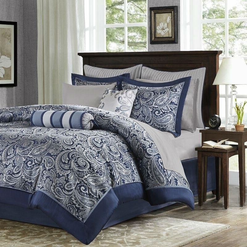 California King 12-piece Reversible Microfiber Comforter Set Navy Blue White - Free Shipping 