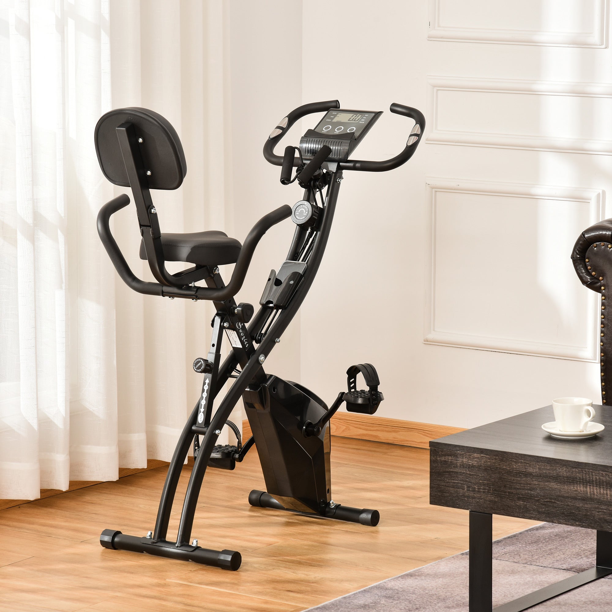 Soozier 2 in 1 Upright  Exercise Bike Stationary Foldable Magnetic Recumbent Cycling with Arm Resistance Bands Black 
