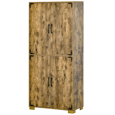 HOMCOM Farmhouse Rustic Brown Kitchen Pantry Storage Cabinet 4 Doors Shelves Cupboard Organizer Furniture 