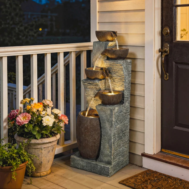 Outdoor Cascading Rock Water Fountain, 5-Tier Waterfall Feature with LED Lights, Adjustable Flow, Grey and Rustic Brown