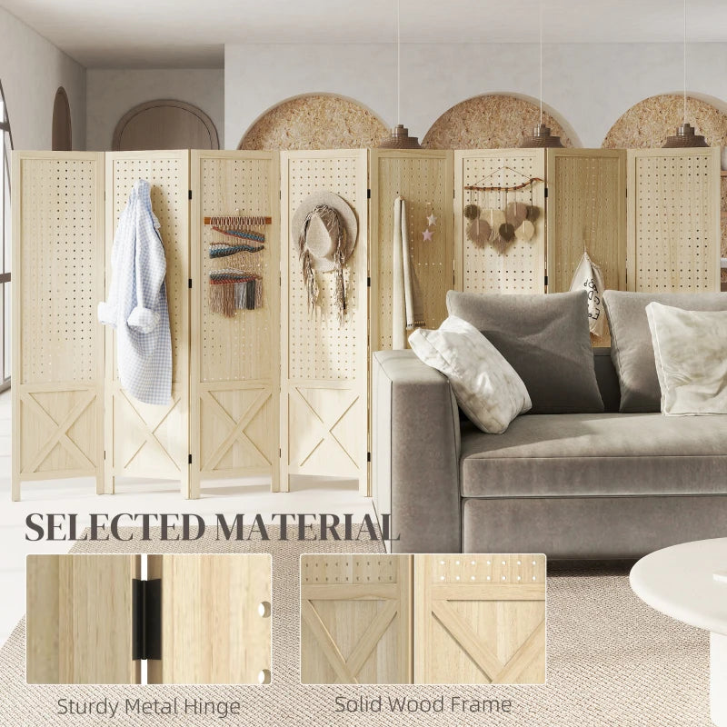 Wooden Room Divider with Pegboard Display, 8 Panel Folding Privacy Screen for Home Office, Natural Wood
