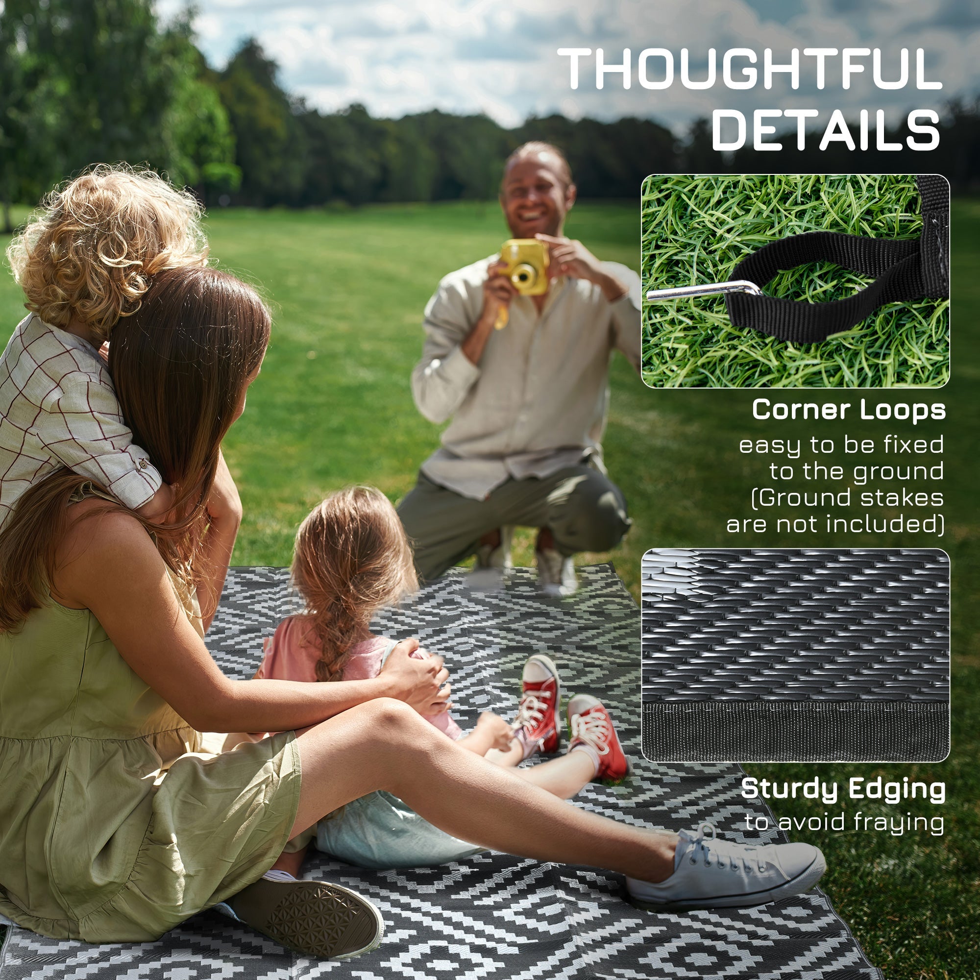 Outsunny 8x10ft Black Grey Geometric Reversible Outdoor Rug Waterproof Plastic Straw with Carry Bag 