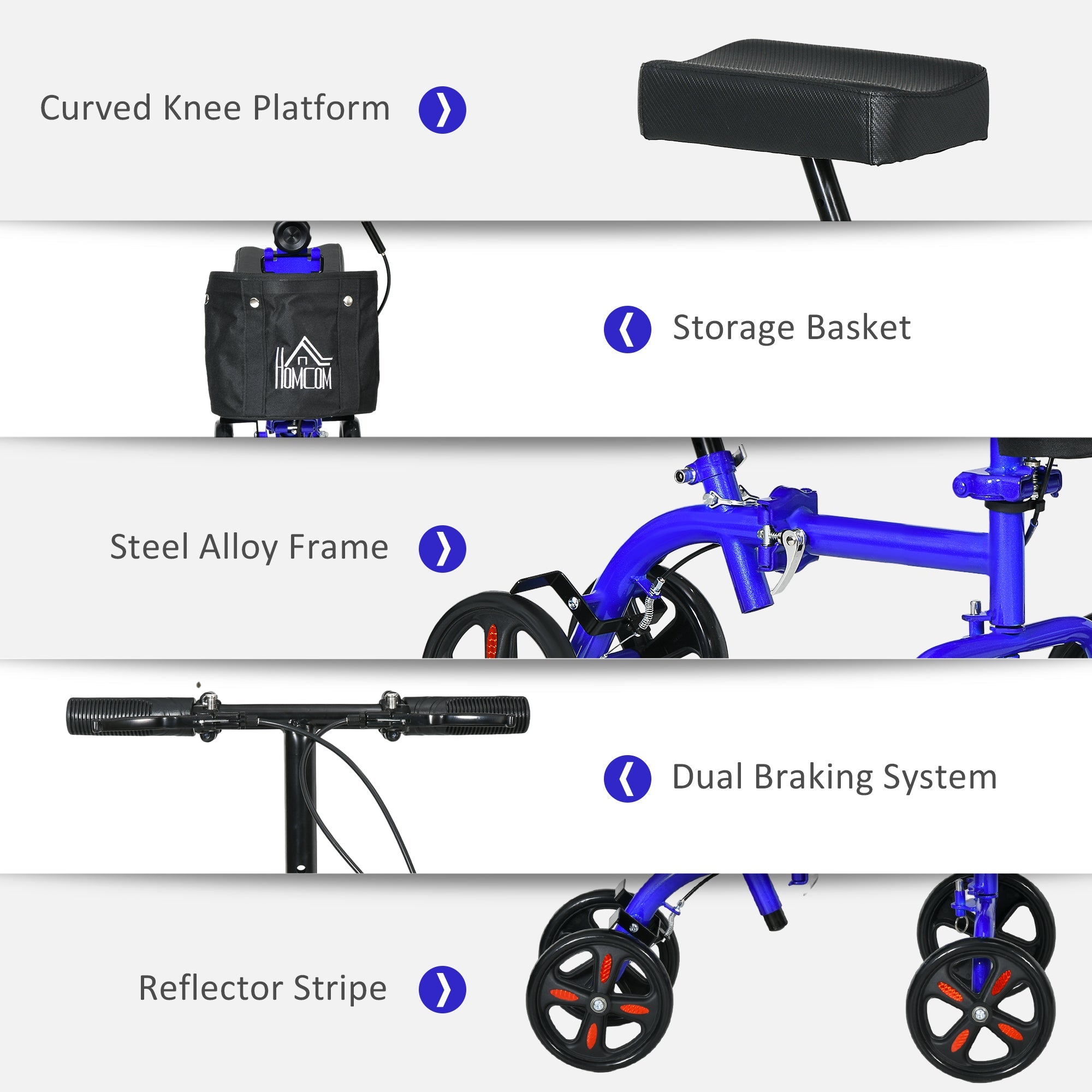 HOMCOM Steerable Knee Walker, Foldable Knee Scooter with Dual Braking System, Adjustable Height, Crutch Alternative, Blue 