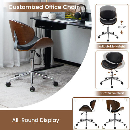 Adjustable Leather Office Chair Swivel Bentwood Desk Chair with Curved Seat-Black - Free Shipping 