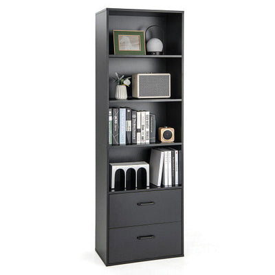 6-Tier Tall Freestanding Bookshelf with 4 Open Shelves and 2 Drawers-Black - Free Shipping 