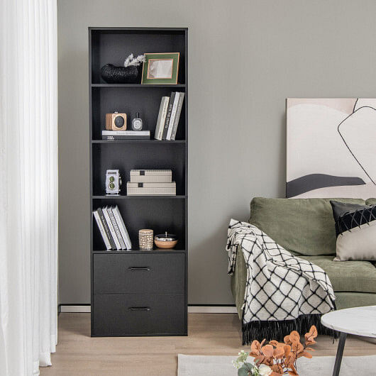 6-Tier Tall Freestanding Bookshelf with 4 Open Shelves and 2 Drawers-Black - Free Shipping 