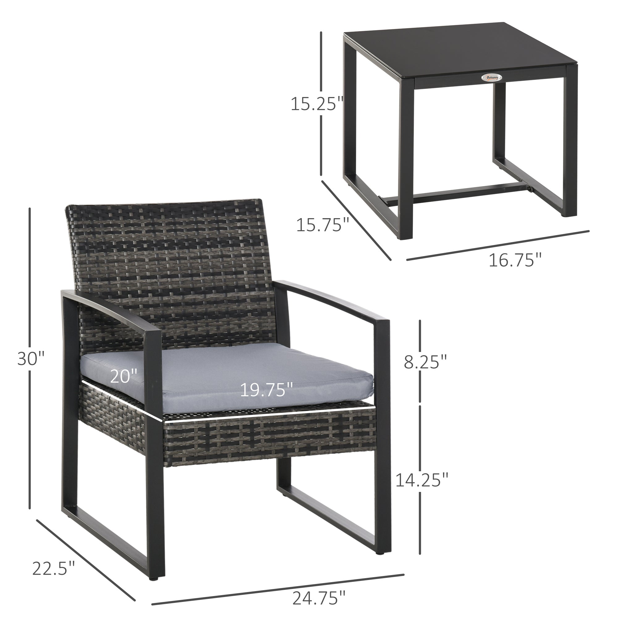 Outsunny 3 Pieces Patio Bistro Set, Outdoor PE Rattan Garden Porch Furniture w/ Cushioned Chairs & Tea Table Patio Furniture, Grey 
