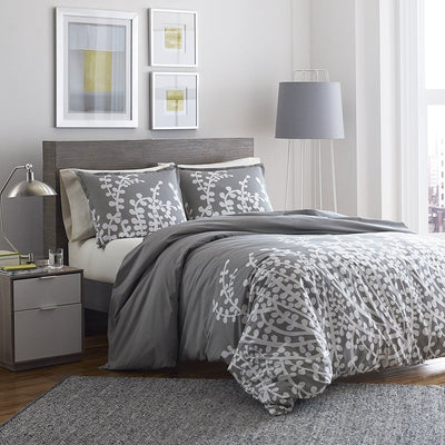 Full / Queen 100-percent Cotton Comforter Set with Grey White Floral Branch Pattern - Free Shipping 