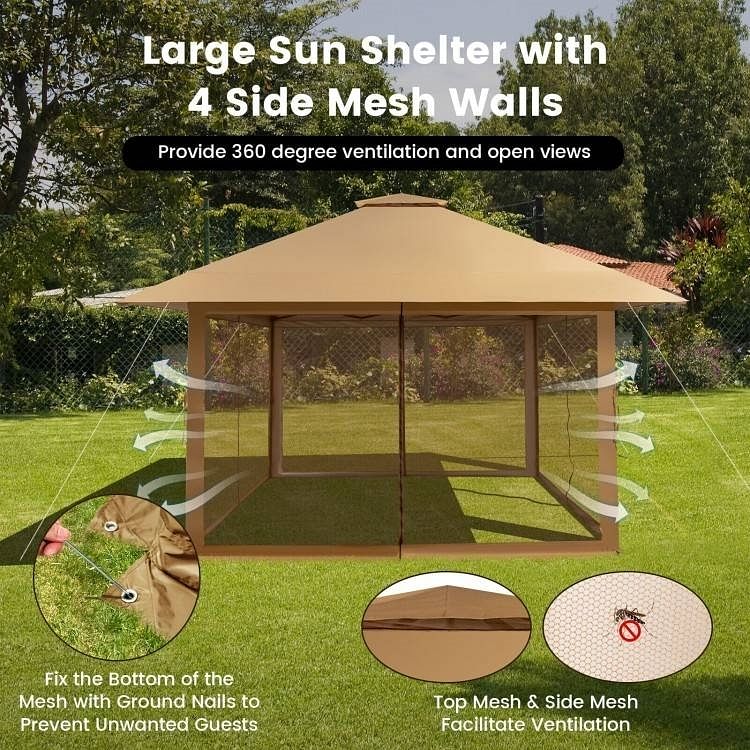 Brown 13 x 13 Ft Pop-Up Gazebo Outdoor Canopy w/ Mesh Mosquito Netting Sidewalls - Free Shipping 