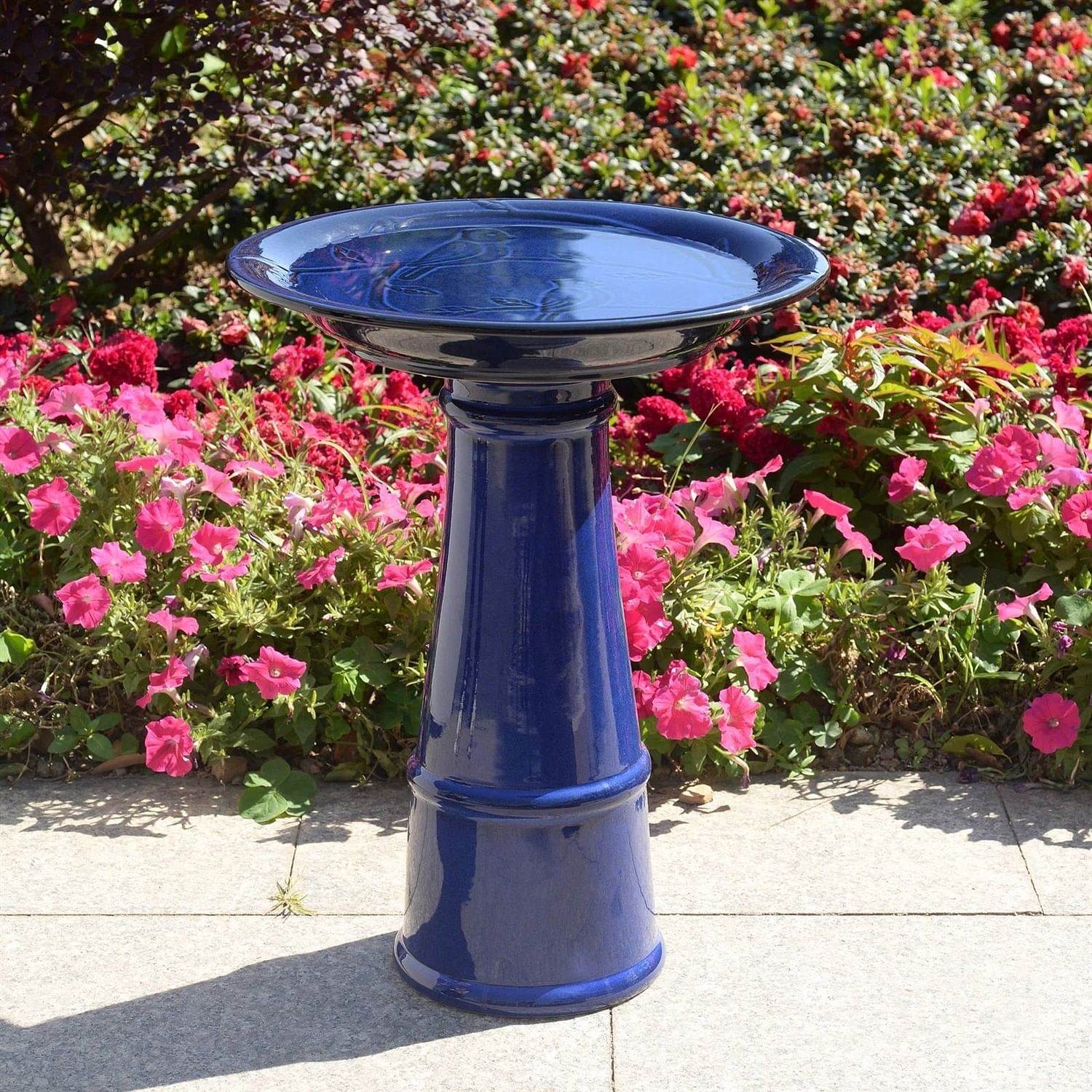 Blue Ceramic Birdbath with 1/2 Gallon Water Basin and Bird Branch Leaf Detailing - Free Shipping 