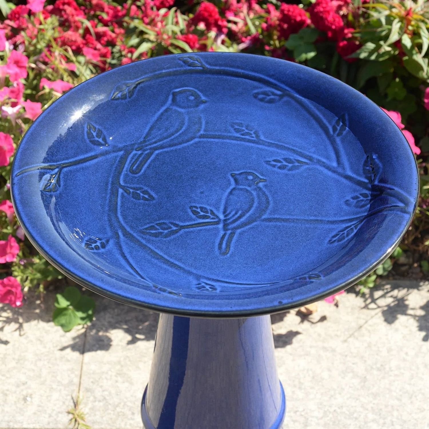 Blue Ceramic Birdbath with 1/2 Gallon Water Basin and Bird Branch Leaf Detailing - Free Shipping 
