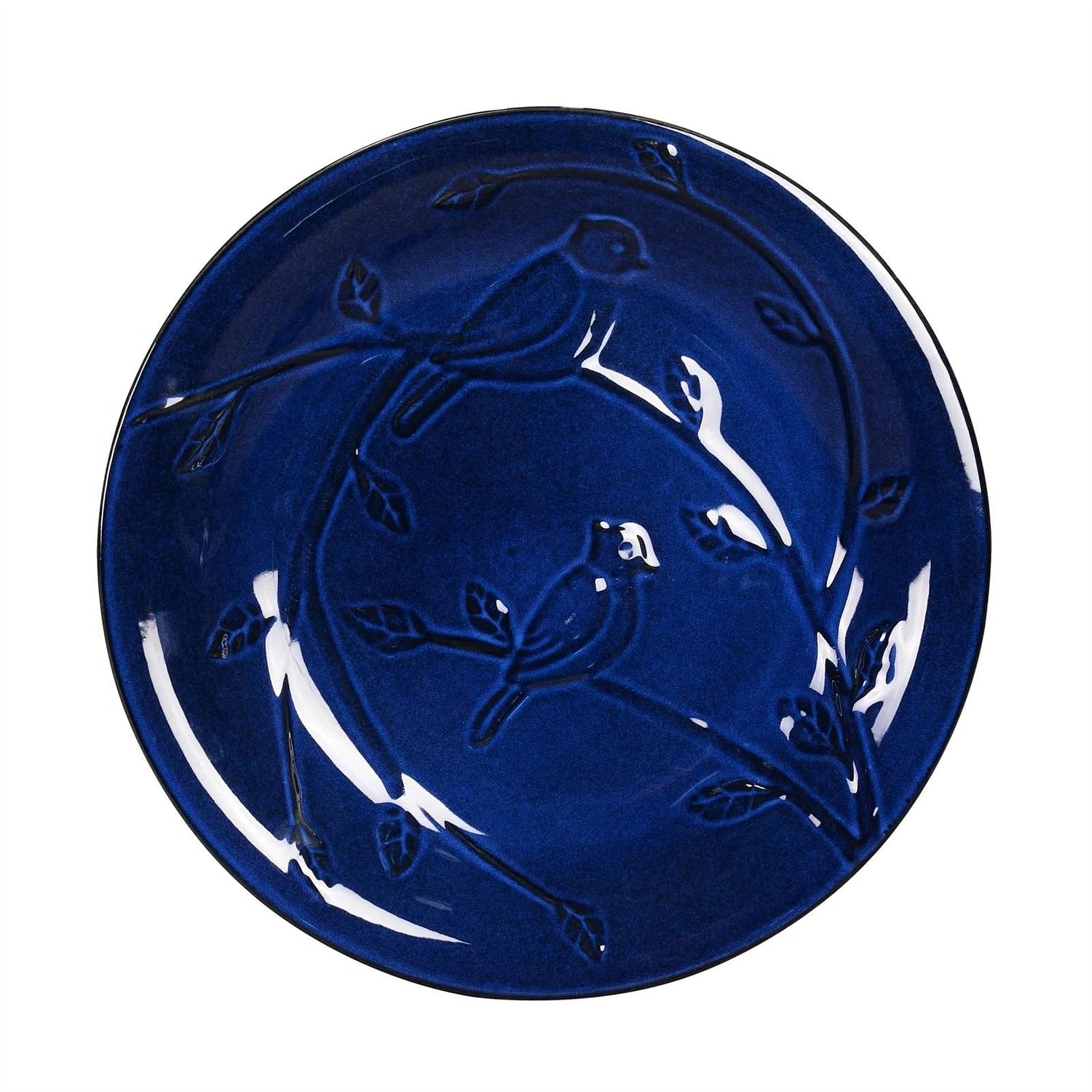 Blue Ceramic Birdbath with 1/2 Gallon Water Basin and Bird Branch Leaf Detailing - Free Shipping 