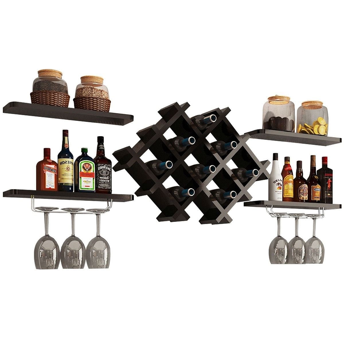 Black 5 Piece Wall Mounted Wine Rack Set with Storage Shelves - Free Shipping