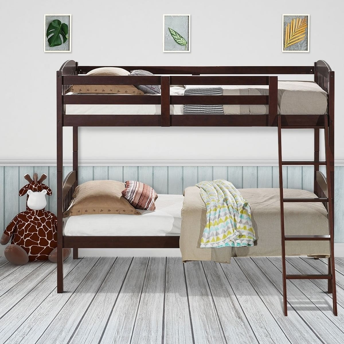 Twin over Twin Wooden Bunk Bed with Ladder in Dark Brown Finish - Free Shipping