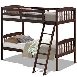 Twin over Twin Wooden Bunk Bed with Ladder in Dark Brown Finish - Free Shipping