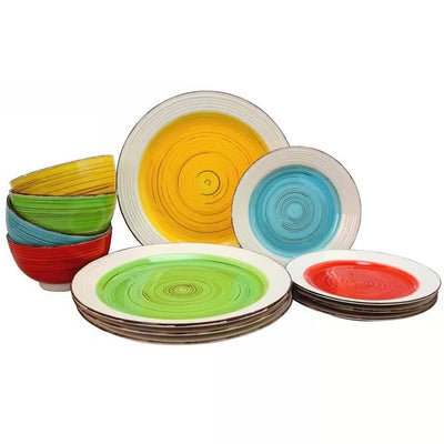 12-Piece Ceramic Dinnerware Set in Blue Red Yellow Green Beige - Service for 4 - Free Shipping 