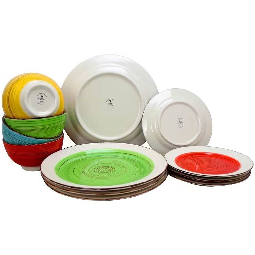 12-Piece Ceramic Dinnerware Set in Blue Red Yellow Green Beige - Service for 4 - Free Shipping