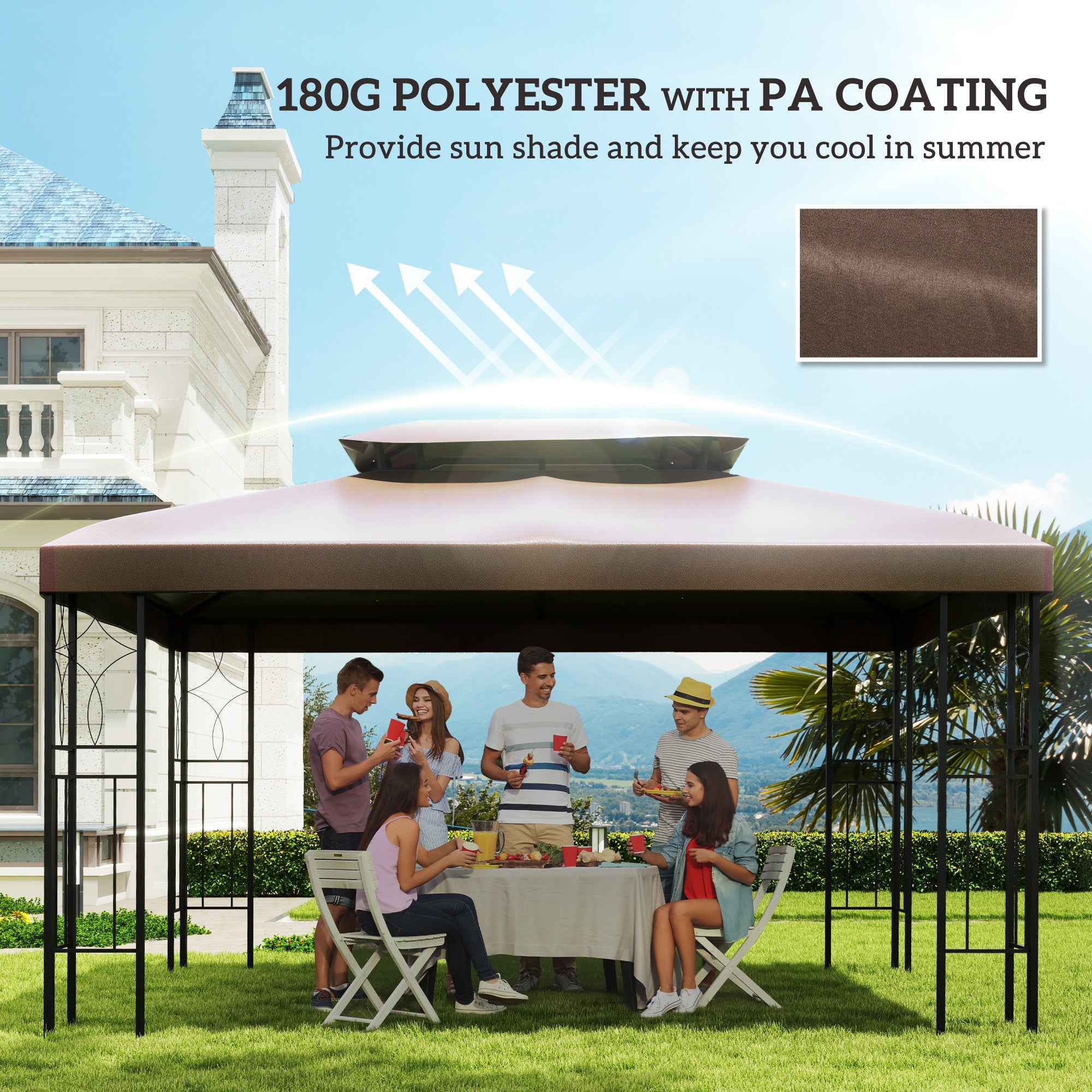 Outsunny Gazebo Replacement Canopy Top 13' x 10' 2 Tier UV Cover for Garden Patio Outdoor Brown TOP ONLY 