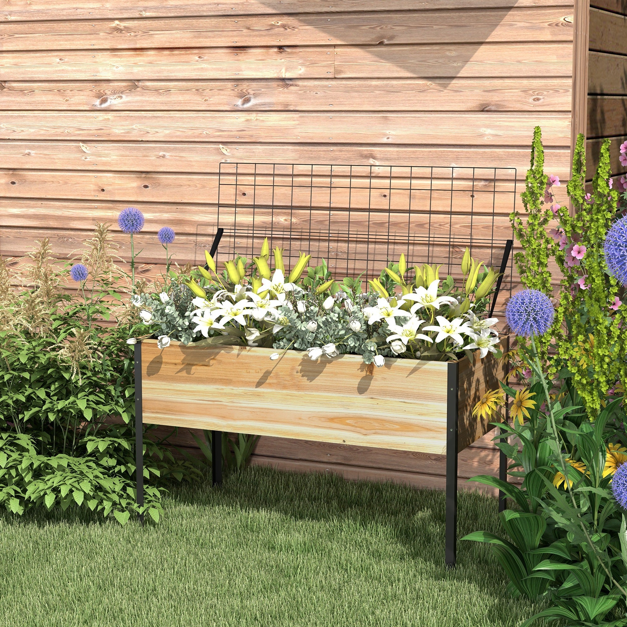 Outsunny Elevated Wooden Planter Box with Trellis Metal Legs and Liner for Flowers Herbs Vegetables 
