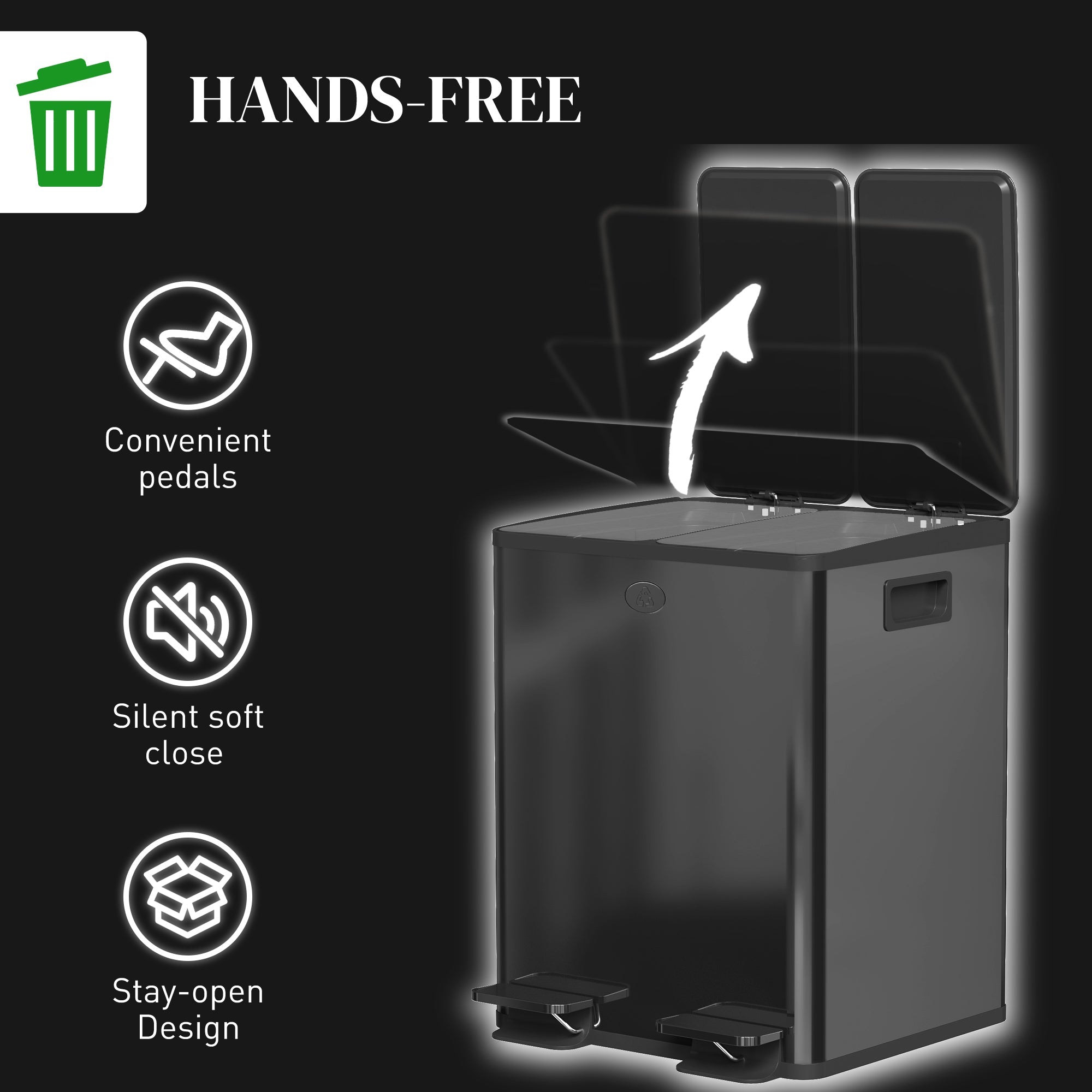 HOMCOM Dual Garbage Bin, Soft-Close Trash Can with Foot Pedal, 2 x 20 Liter Garbage Can with Removable Inner Buckets, Black 