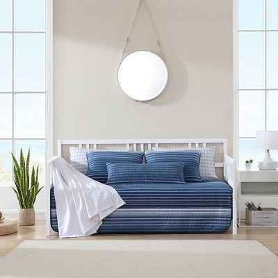 4 Piece Coastal Blue Navy White Stripes Cotton Daybed Cover Bedding Set - Free Shipping 