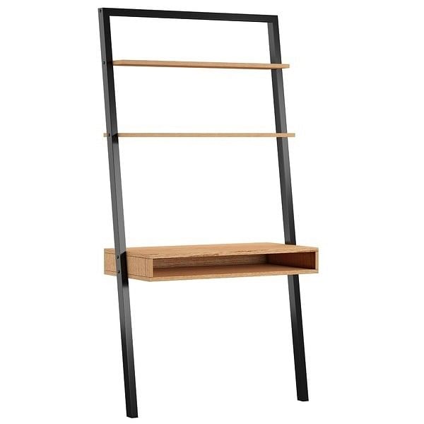 Farmhouse Rustic Oak Black Leaning Ladder Writing Desk 2 Shelves - Free Shipping 