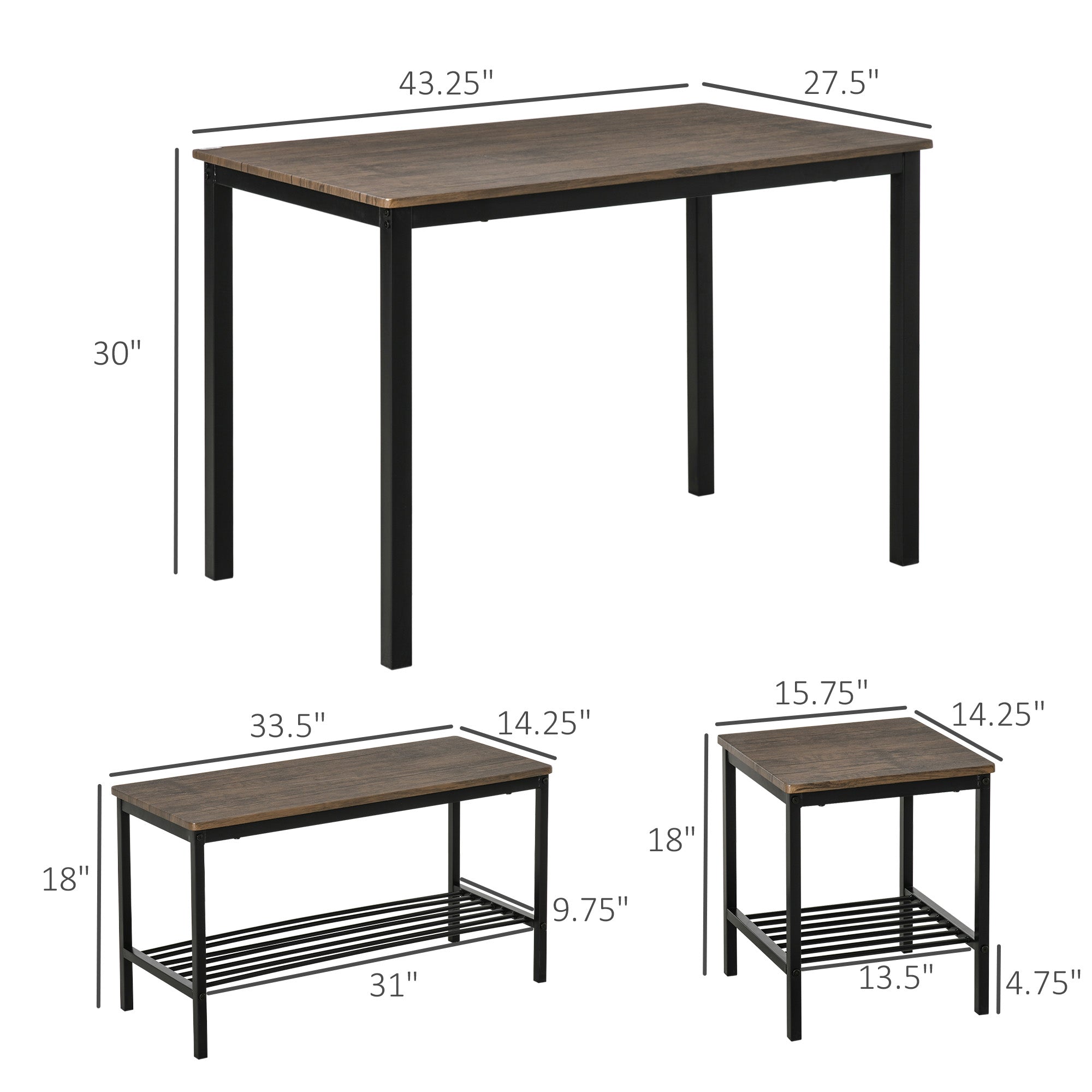 HOMCOM Industrial Dining Set: 4-Person Kitchen Table with Chairs and Bench, Metal Frame with Storage Shelf 