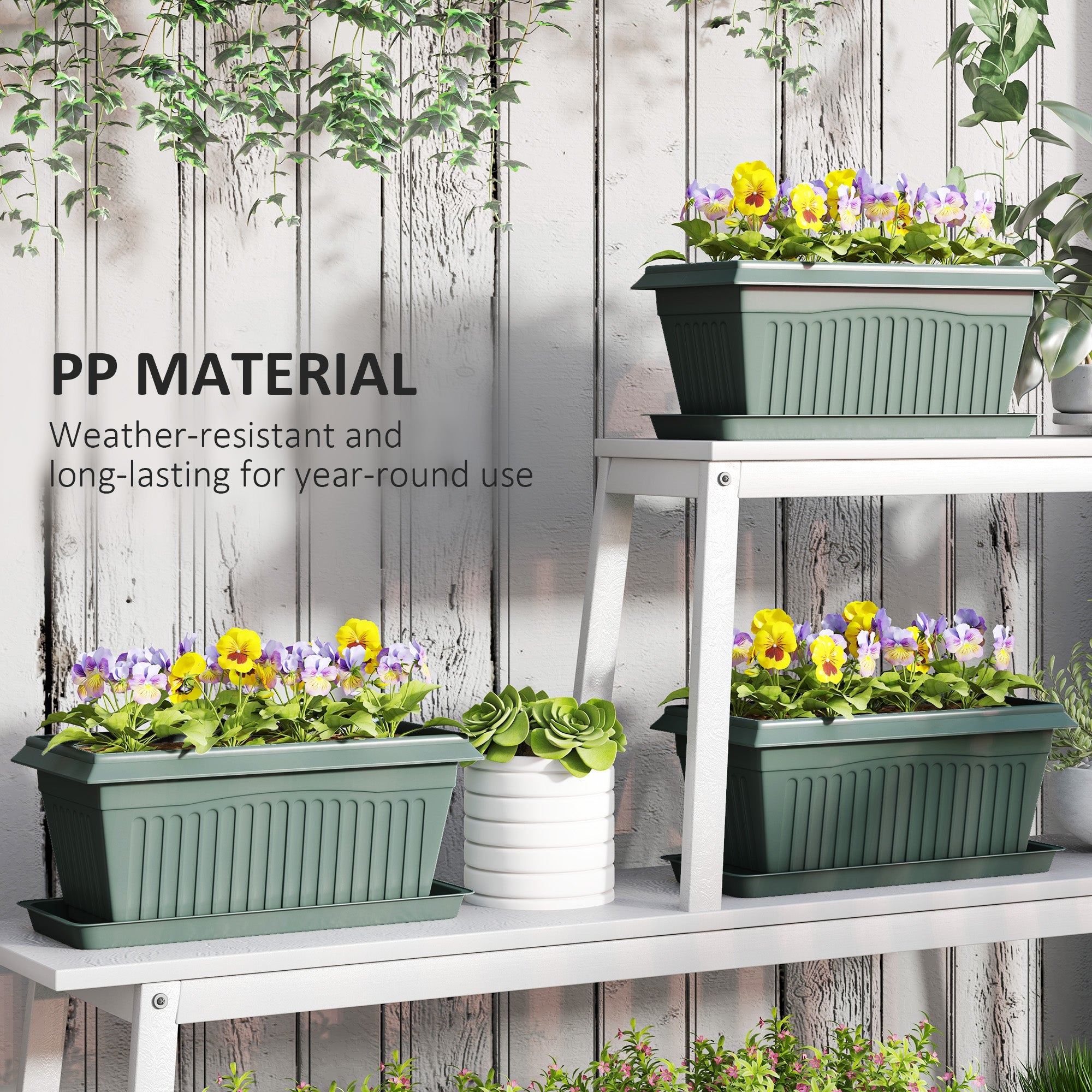 Outsunny 7 Pack 15.7" Plastic Flower Planters with Drainage Holes and Trays, Plant Pots for Indoor Outdoor Plants, Green 
