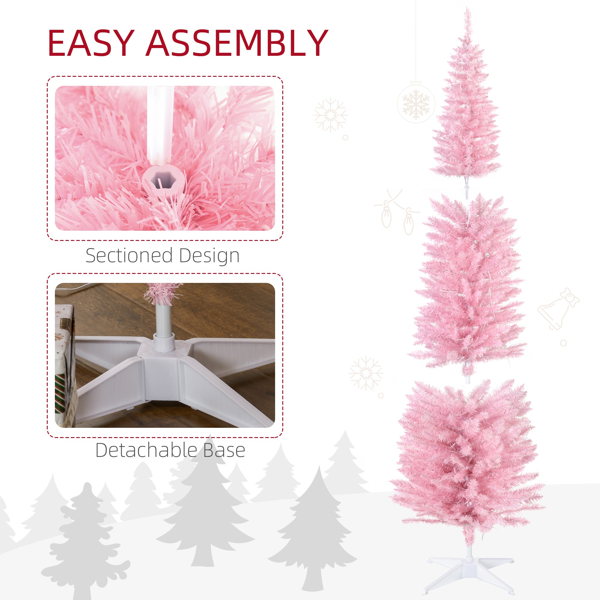 HOMCOM 7' Pre Lit Artificial Pencil Christmas Trees, Xmas Tree with Realistic Branches and Warm White LED Lights, Pink 
