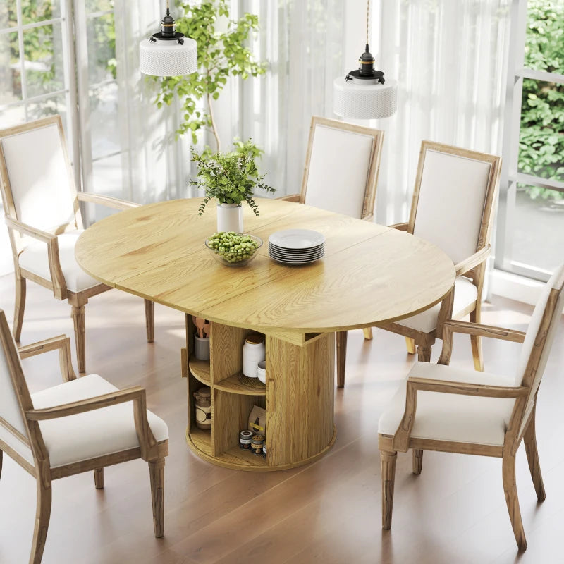 Extendable Dining Table for 6, 60" Farmhouse Kitchen Table with 2-Tier Storage Shelf and Fluted Sliding Doors, Natural