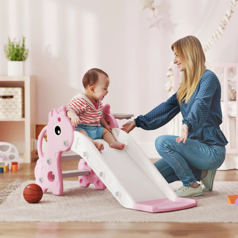 Qaba 3 in 1 Toddler Slide for Age 1-3, Kids Slide with Climber, Basketball Hoop and Ball, Giraffe Design, Pink