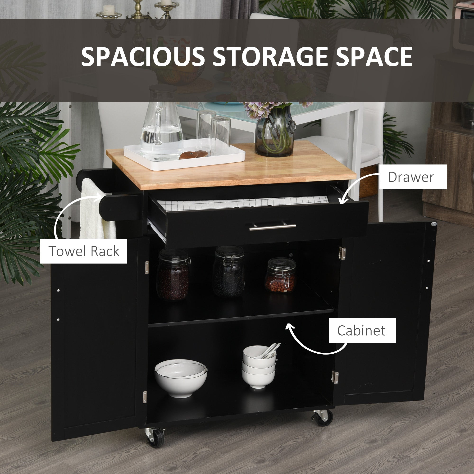 HOMCOM Mobile Culinary Companion: Rolling Kitchen Island Cart with Wood Top, Storage Drawer, Towel Bar, and Shelves 