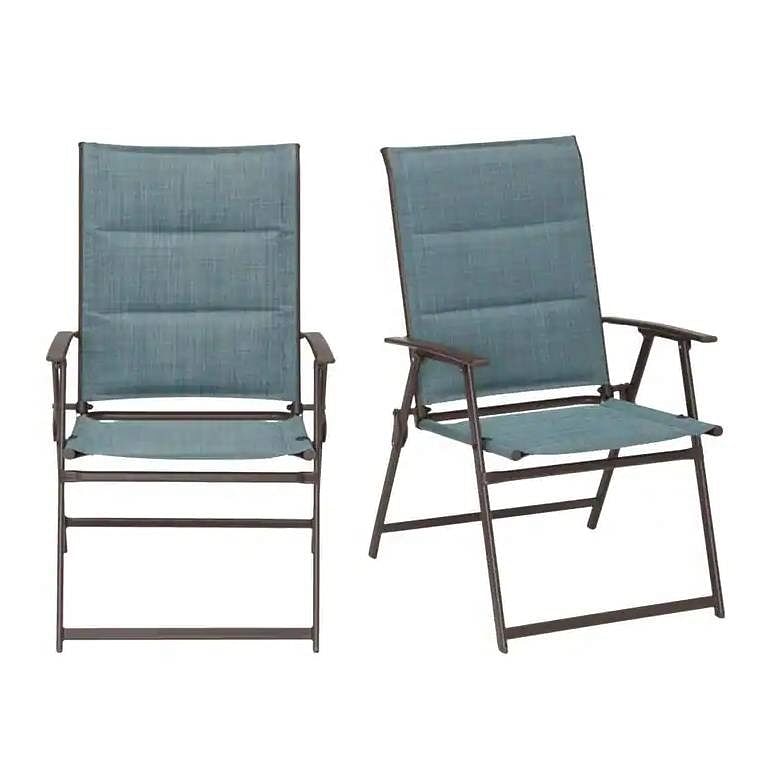 Set of 2 - Outdoor Folding Patio Dining Chair with Blue Denim Padded Seat - Free Shipping 