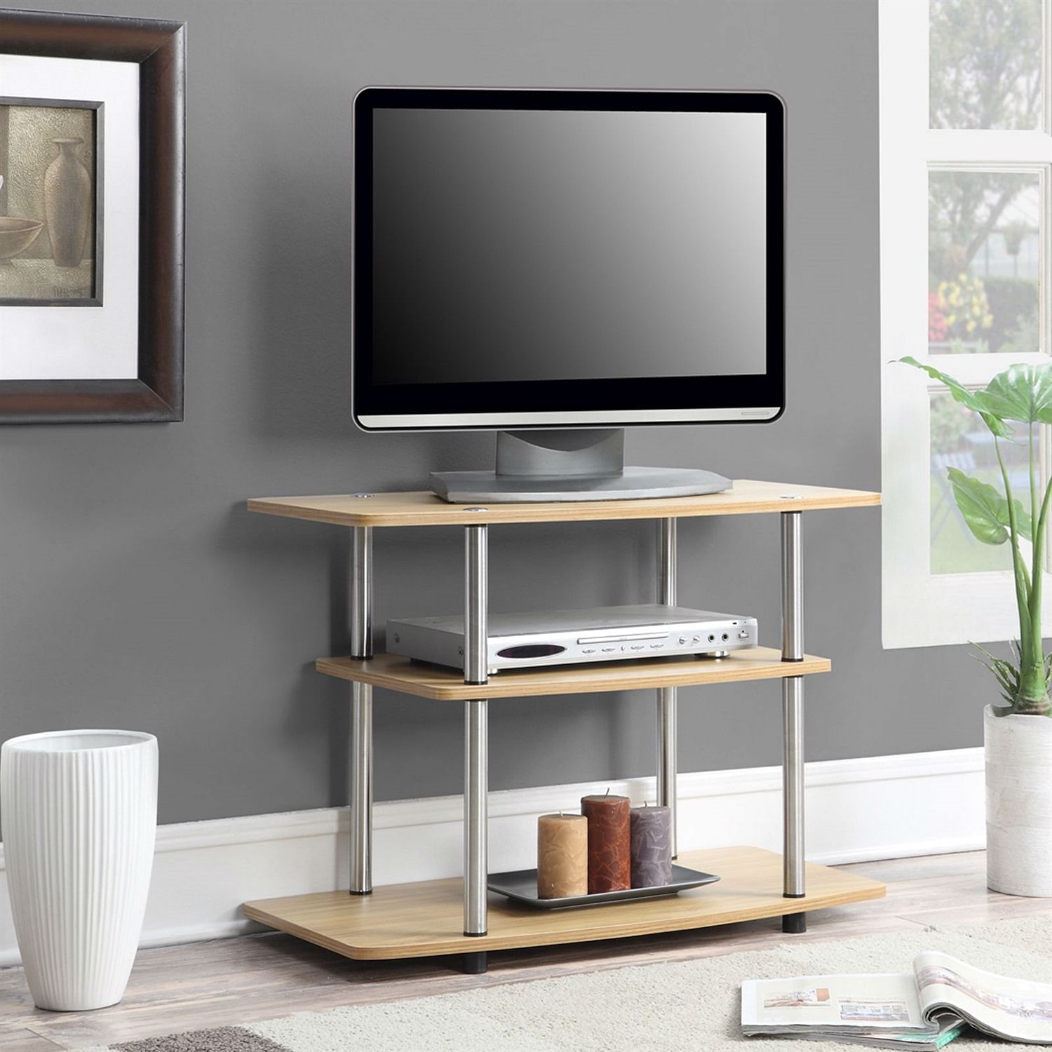 Modern TV Stand Light Oak Wood Finish with Sturdy Stainless Steel Poles - Free Shipping