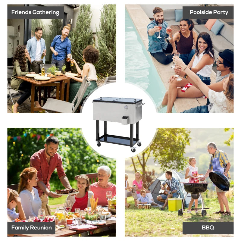 80 Quart Rolling Cooler Cart Ice Beer Beverage Cooling Bin for Outdoor Party, 35.4" x 15.4" x 32.7", Silver