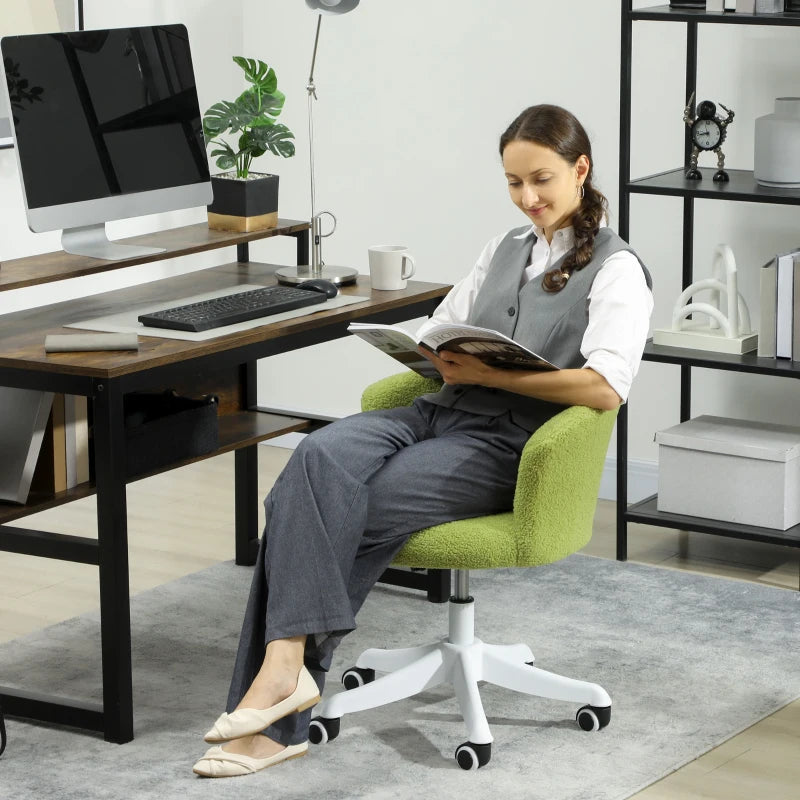 Armless Office Chair, Fluffy Computer Desk Chair with Adjustable Height, Swivel Wheels, Mid Back, Light Green