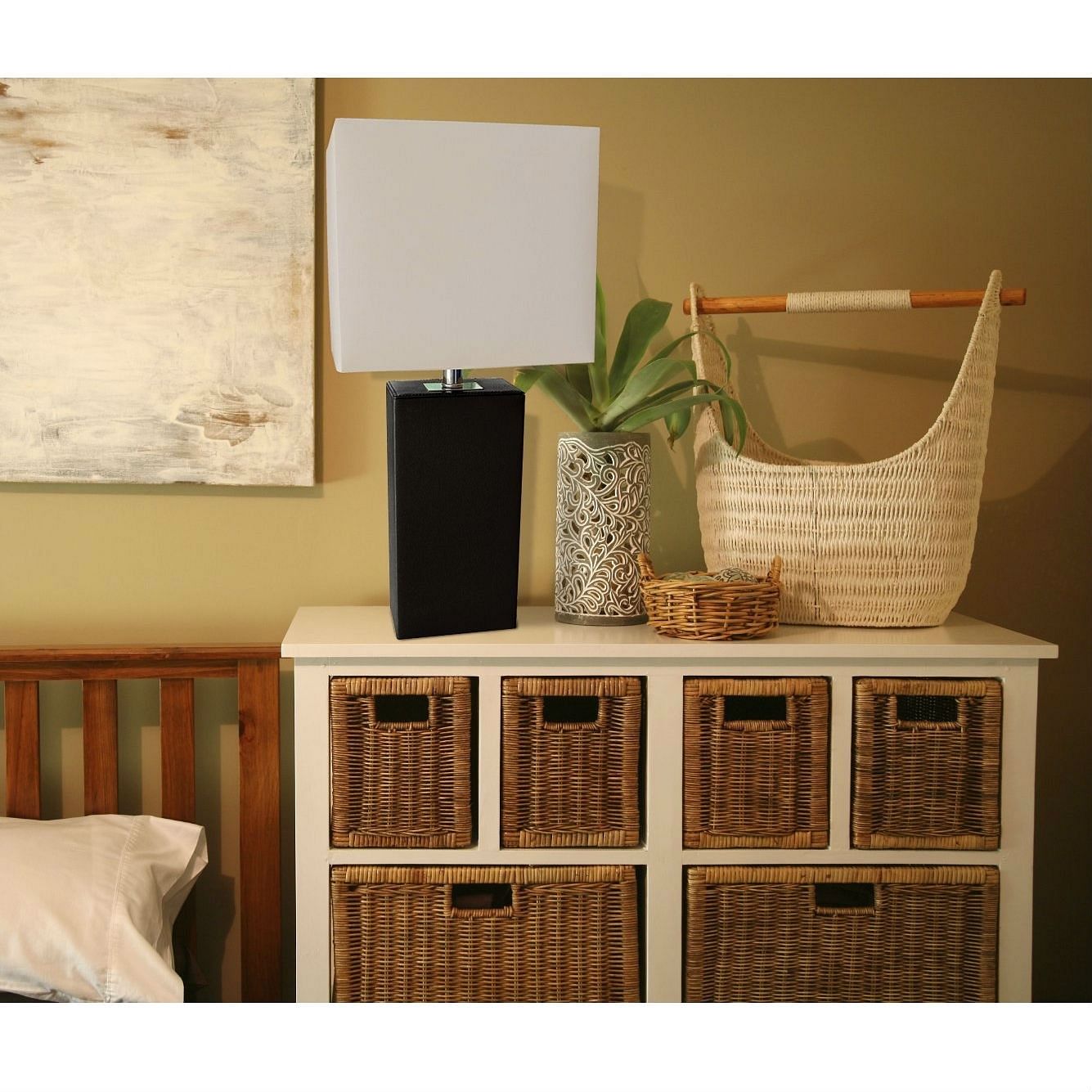 Contemporary Black Leather Table Lamp with White Fabric Shade - Free Shipping 