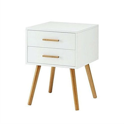 Modern 2-Drawer End Table Nightstand in White with Mid-Century Style Wood Legs - Free Shipping 